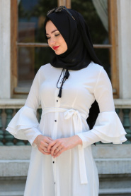 Neva Style - Volan Kol Düğmeli Beyaz Tesettür Elbise 52360B - Thumbnail