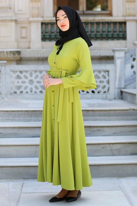 Neva Style - Volan Kol Düğmeli Fıstık Yeşili Tesettür Elbise 52360FY