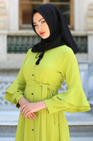 Neva Style - Volan Kol Düğmeli Fıstık Yeşili Tesettür Elbise 52360FY - Thumbnail