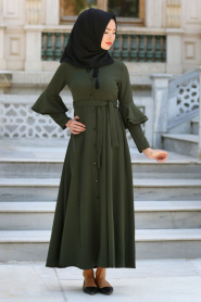 Neva Style - Volan Kol Düğmeli Haki Tesettür Elbise 52360HK - Thumbnail