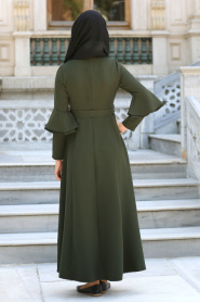 Neva Style - Volan Kol Düğmeli Haki Tesettür Elbise 52360HK - Thumbnail