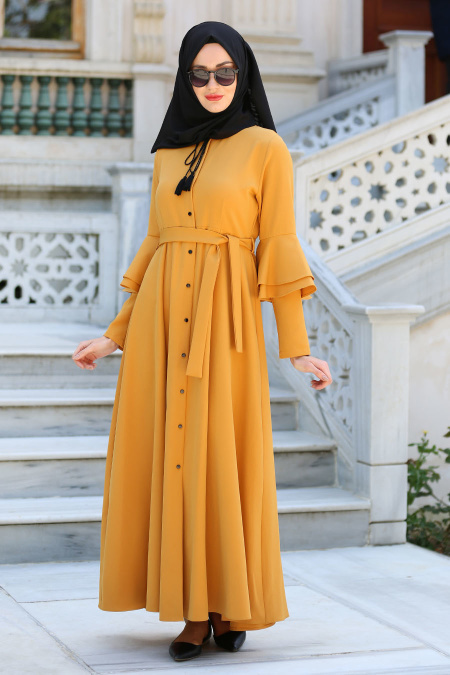 Neva Style - Volan Kol Düğmeli Hardal Tesettür Elbise 52360HR
