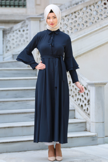 Neva Style - Volan Kol Düğmeli Lacivert Tesettür Elbise 52360L