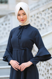 Neva Style - Volan Kol Düğmeli Lacivert Tesettür Elbise 52360L - Thumbnail