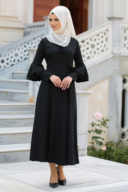 Neva Style - Volan Kol Düğmeli Siyah Tesettür Elbise 52360S