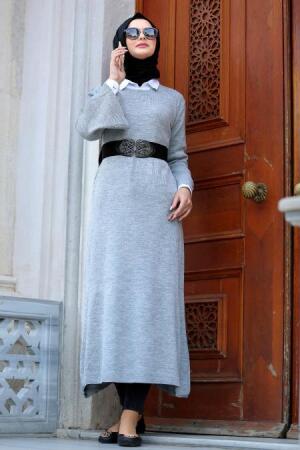 Neva Style - Volan Kol Gri Tesettür Triko Tunik 2504GR - 1