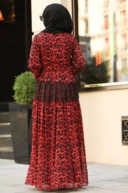 Neva Style - Volan Kol Kırmızı Tesettür Elbise 1266K - Thumbnail