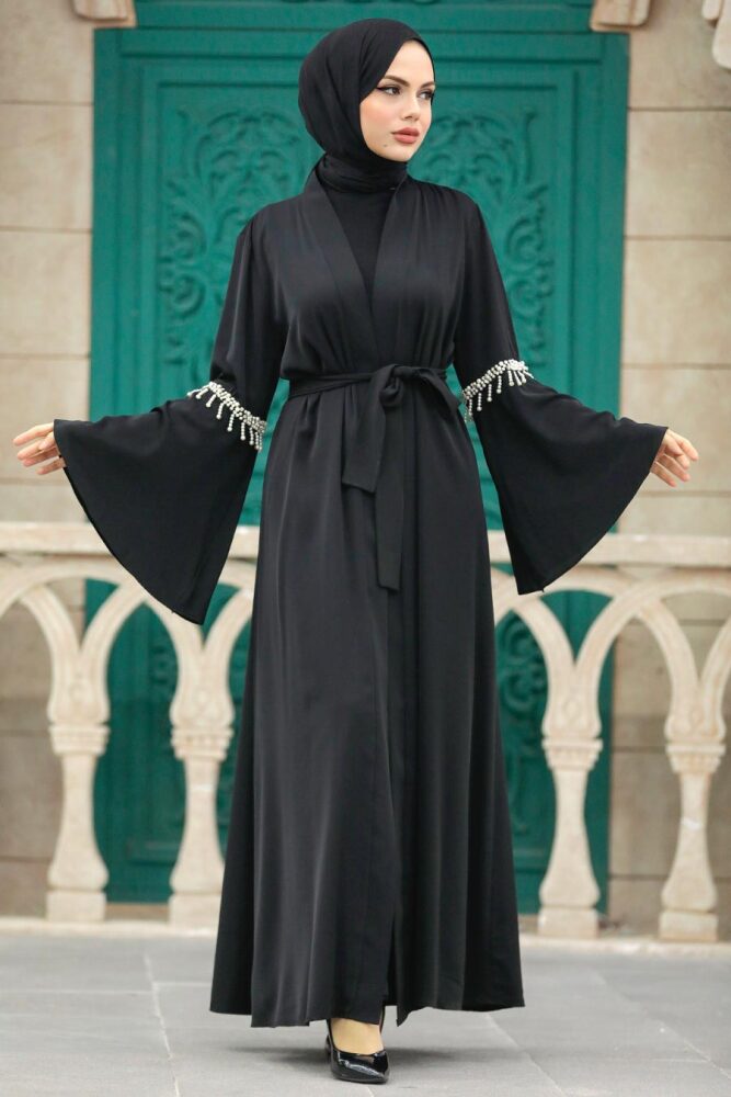  Volan Kol Siyah Tesettür Abaya 392800S - 1