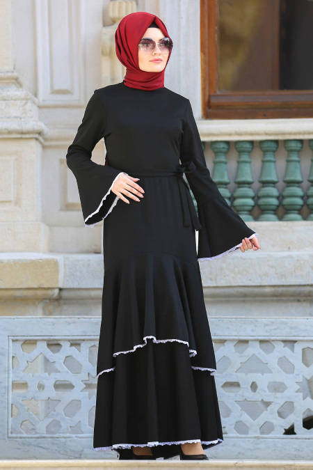 Neva Style - Volan Kol Siyah Tesettür Elbise 41810S