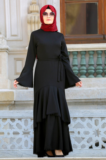 Neva Style - Volan Kol Siyah Tesettür Elbise 41840S