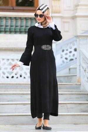 Neva Style - Volan Kol Siyah Tesettür Triko Tunik 2504S - 1
