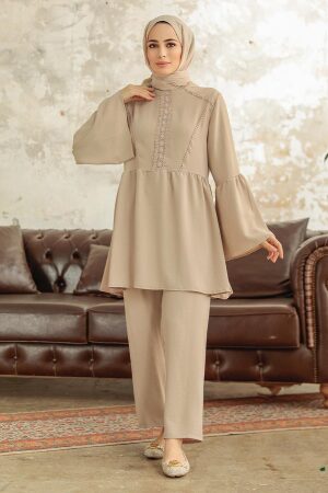 Neva Style - Volan Kollu Bej Tesettür İkili Takım 6250BEJ - 1