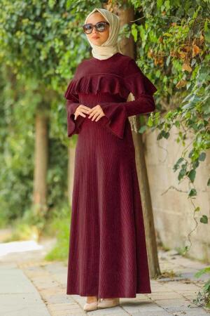 Neva Style - Volan Kollu Bordo Yeşili Tesettür Kadife Elbise 50460BR - 1