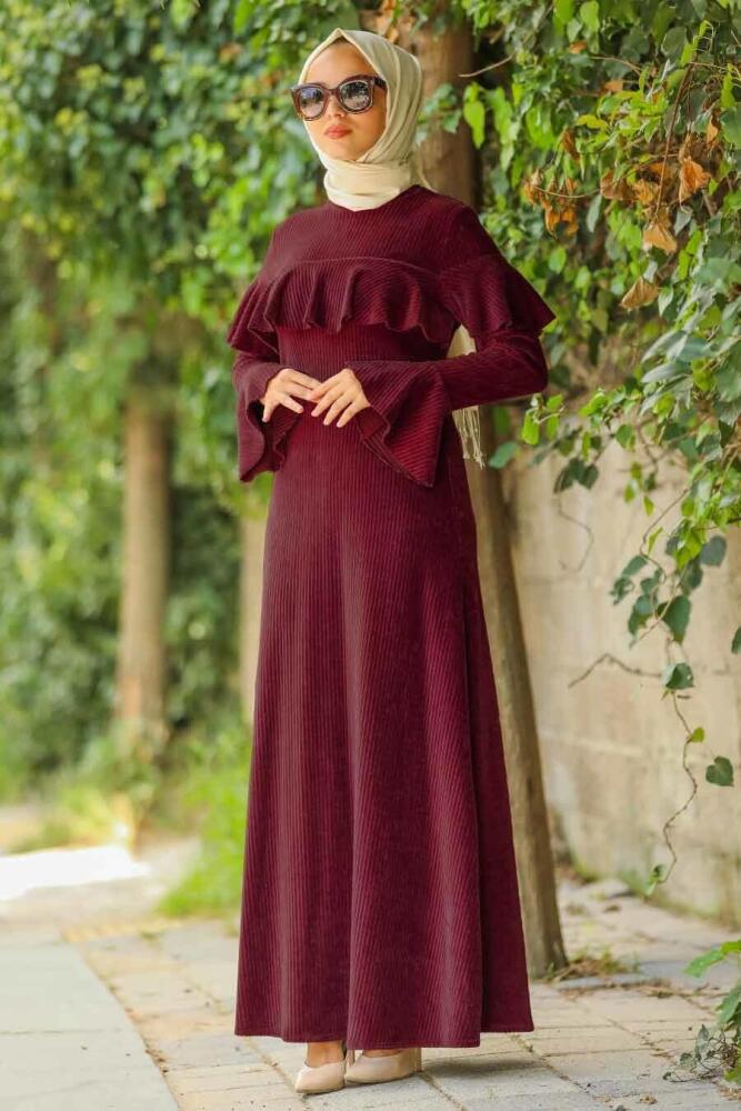 Neva Style - Volan Kollu Bordo Yeşili Tesettür Kadife Elbise 50460BR - 1