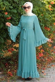 Neva Style - Volan Kollu Çağla Yeşili Tesettür Elbise 1310CY - Thumbnail