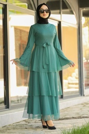 Neva Style - Volan Kollu Çağla Yeşili Tesettür Elbise 145CY - Thumbnail