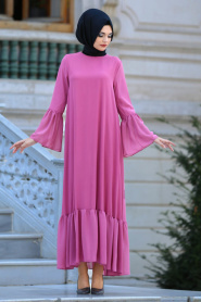 Neva Style- Volan Kollu Fırfırlı Gül Kurusu Tesettür Elbise 41620GK - Thumbnail