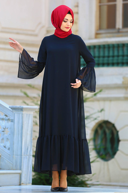 Neva Style- Volan Kollu Fırfırlı Siyah Tesettür Elbise 41620S