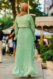 Neva Style - Volan Kollu Fıstık Yeşili Tesettür Elbise 35750FY - Thumbnail