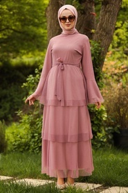 Neva Style - Volan Kollu Gül Kurusu Tesettür Elbise 145GK - Thumbnail