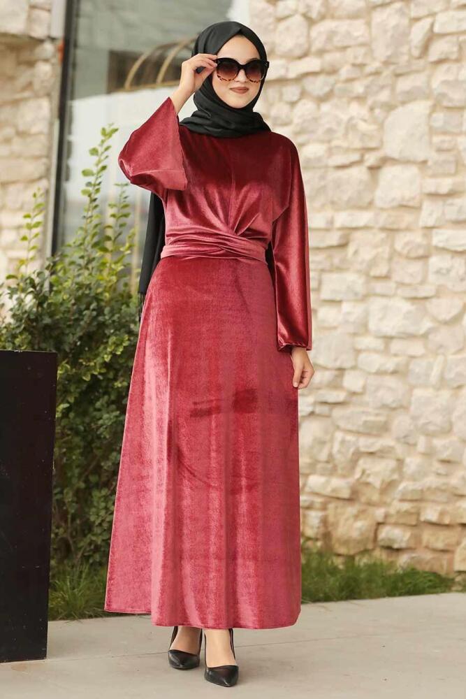 Neva Style - Volan Kollu Gül Kurusu Tesettür Kadife Elbise 22590GK - 1