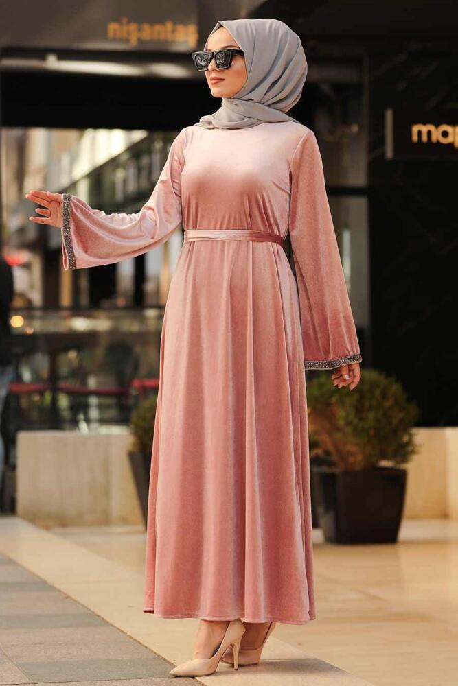 Neva Style - Volan kollu Gül Kurusu Tesettür Kadife Elbise 3275GK - 1