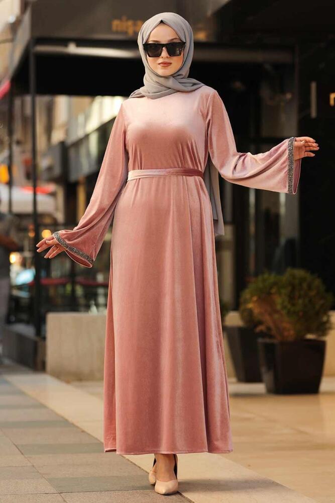 Neva Style - Volan kollu Gül Kurusu Tesettür Kadife Elbise 3275GK - 2