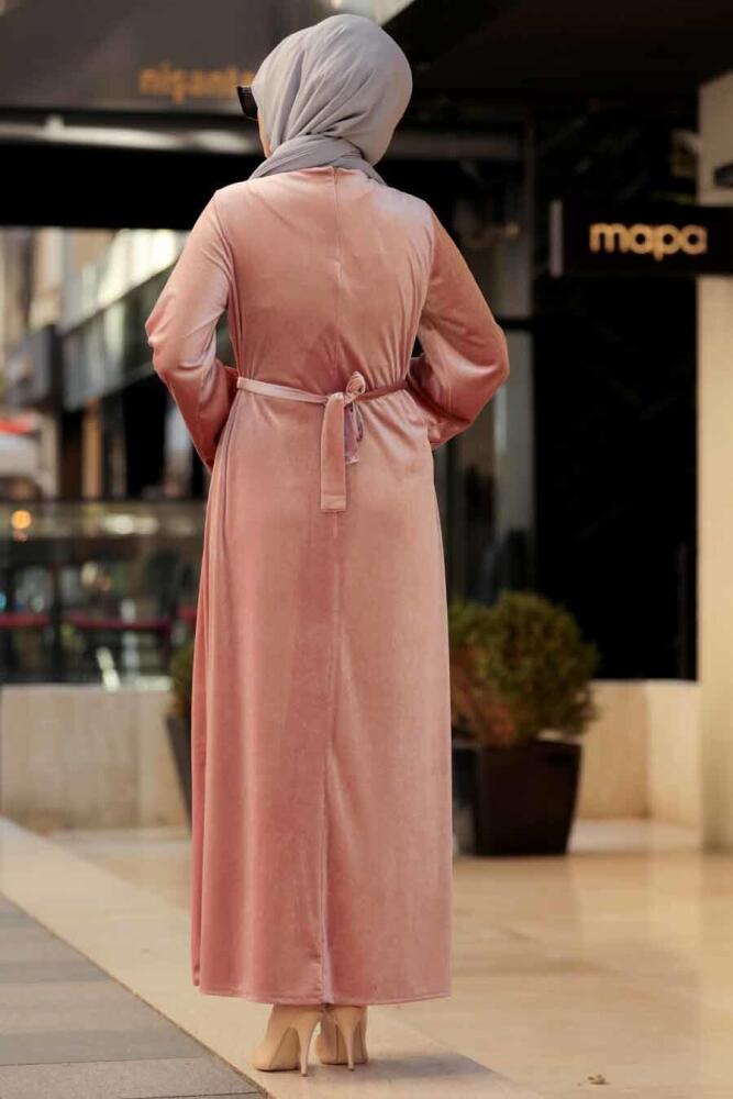 Neva Style - Volan kollu Gül Kurusu Tesettür Kadife Elbise 3275GK - 3