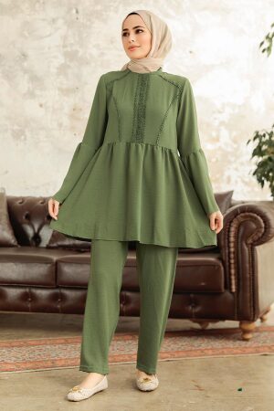 Neva Style - Volan Kollu Haki Tesettür İkili Takım 6250HK - 2