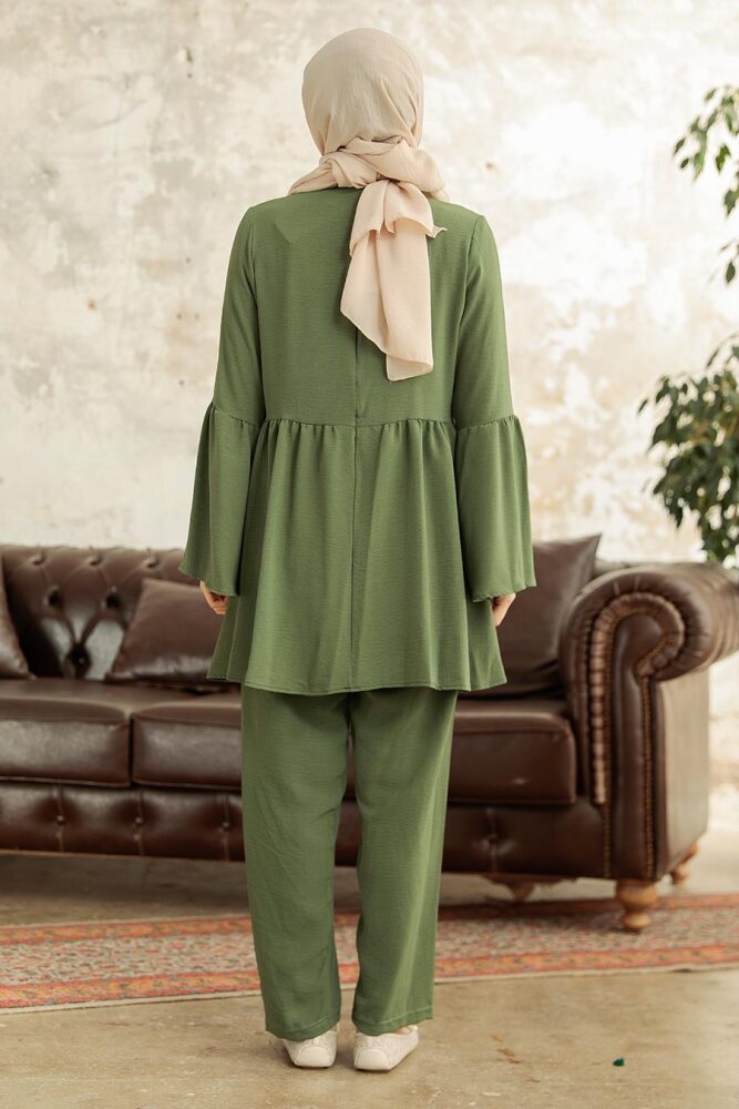 Neva Style - Volan Kollu Haki Tesettür İkili Takım 6250HK - 4
