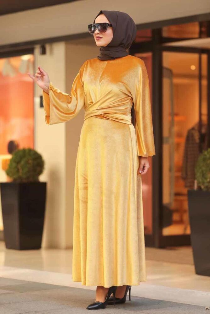 Neva Style - Volan Kollu Hardal Tesettür Kadife Elbise 22590HR - 2