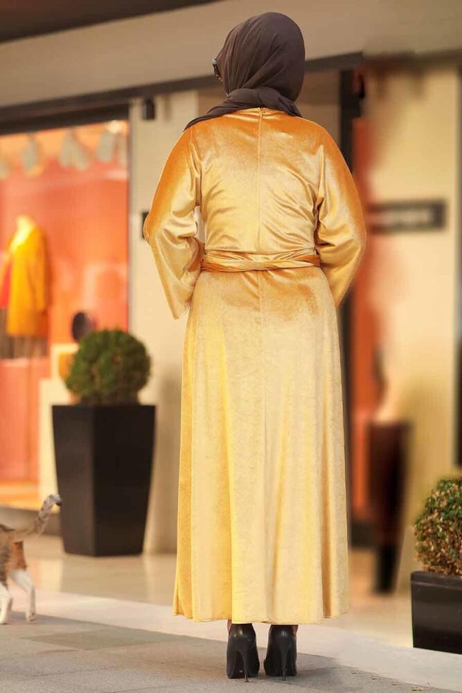 Neva Style - Volan Kollu Hardal Tesettür Kadife Elbise 22590HR - 3