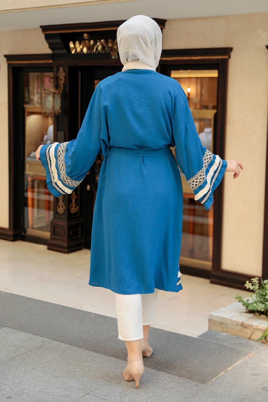 Neva Style - Volan Kollu İndigo Mavisi Tesettür Kimono 10455IM