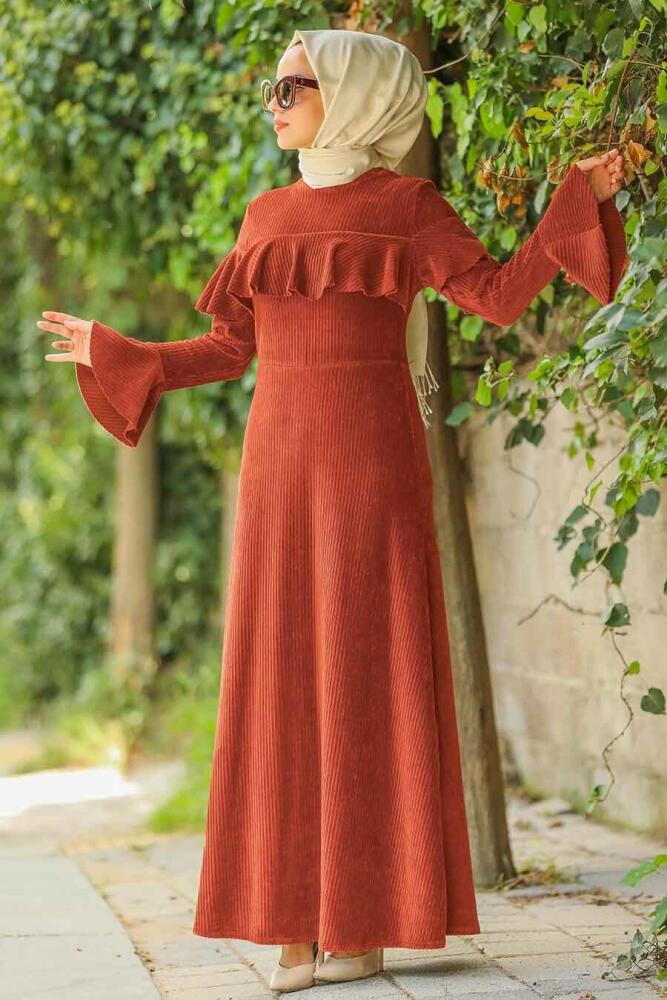 Neva Style - Volan Kollu Kiremit Tesettür Kadife Elbise 50460KRMT - 1
