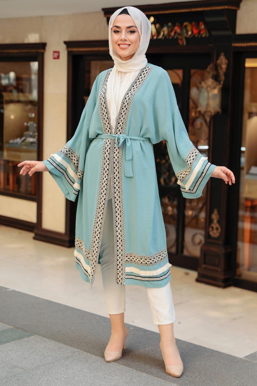 Neva Style - Volan Kollu Mint Mavisi Tesettür Kimono 10455MINTM