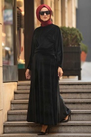 Neva Style - Volan Kollu Siyah Tesettür Kadife Elbise 22590S - Thumbnail