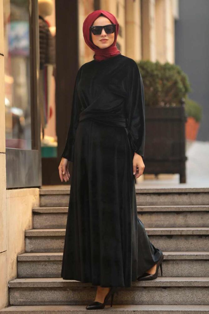 Neva Style - Volan Kollu Siyah Tesettür Kadife Elbise 22590S - 1