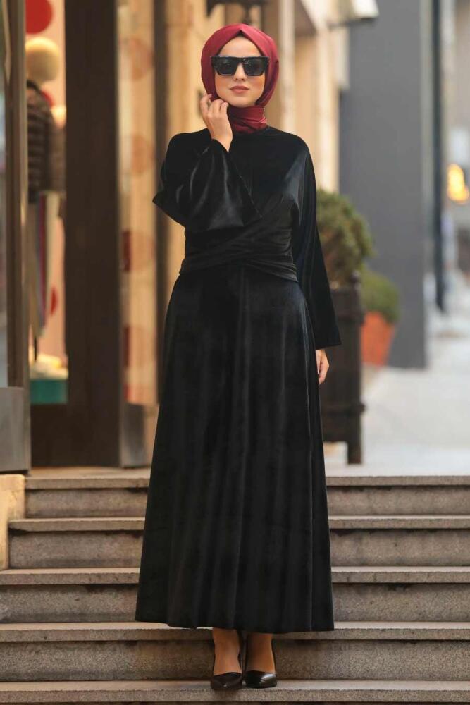 Neva Style - Volan Kollu Siyah Tesettür Kadife Elbise 22590S - 2