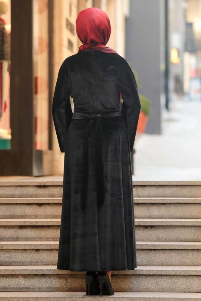 Neva Style - Volan Kollu Siyah Tesettür Kadife Elbise 22590S - 3