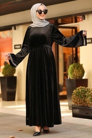 Neva Style - Volan kollu Siyah Tesettür Kadife Elbise 3275S - Thumbnail