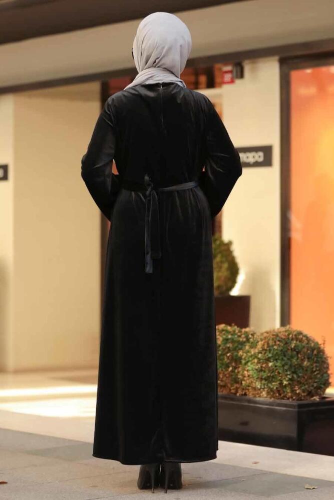 Neva Style - Volan kollu Siyah Tesettür Kadife Elbise 3275S - 2
