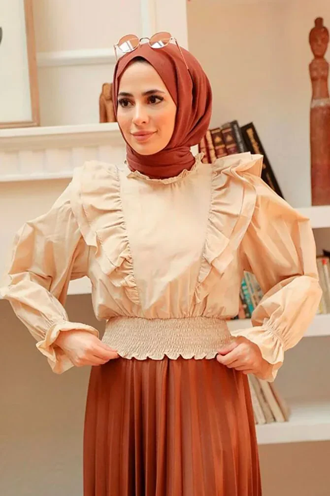  Volanlı Bej Tesettür Bluz 8428BEJ - NEVA STYLE