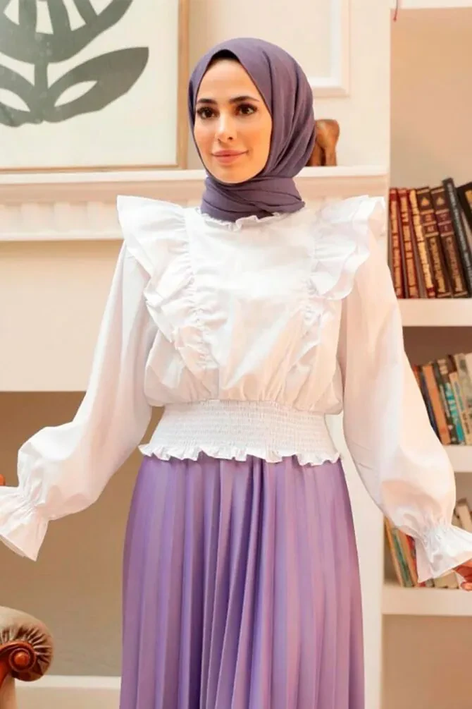 Volanlı Beyaz Tesettür Bluz 8428B - NEVA STYLE
