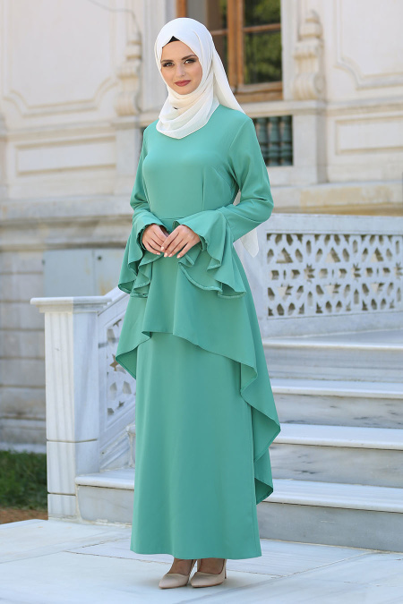 Neva Style - Volanlı Çağla Yeşili Tesettür Elbise 41540CY