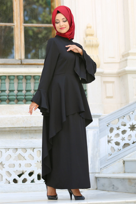 Neva Style - Volanlı Siyah Tesettür Elbise 41540S