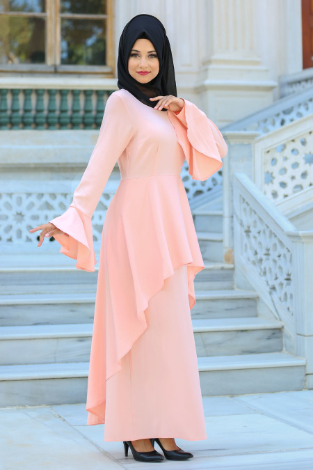 Neva Style - Volanlı Somon Tesettür Elbise 41540SMN