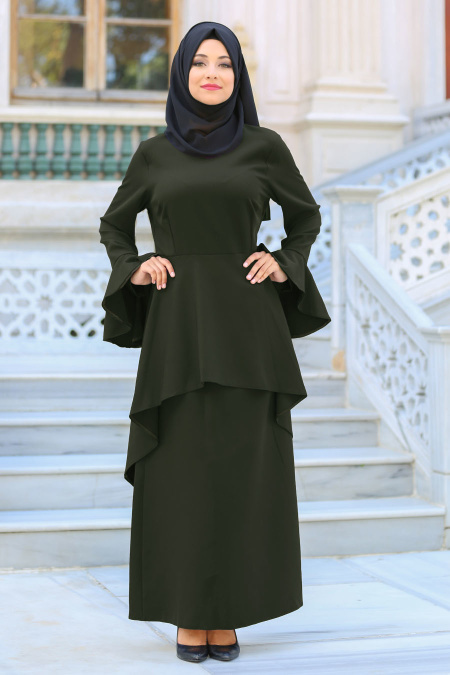 Neva Style - Volanlı Yeşil Tesettür Elbise 41540Y