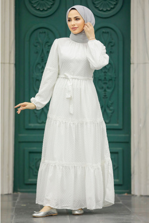 Neva Style - White Hijab Dress 1384B - Thumbnail