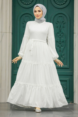 Neva Style - White Hijab Dress 1384B - Thumbnail