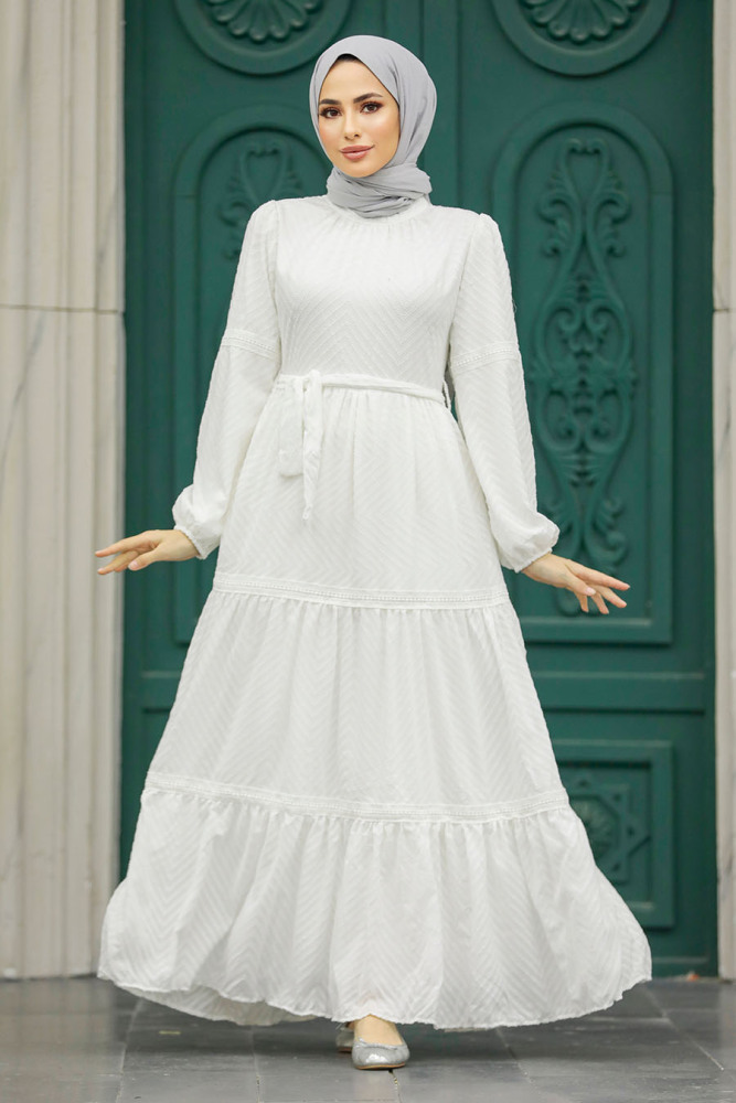 White Hijab Dress 1384B - 5